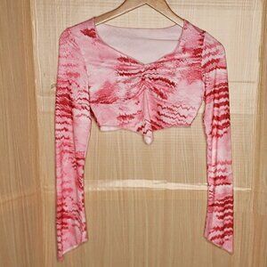 Shein Womens Pink Tie Dye Long Sleeve Cropped Shirt 2